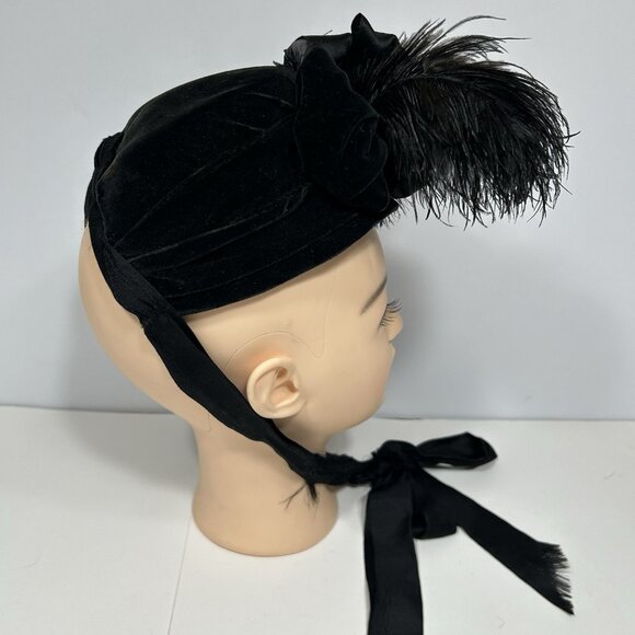 Antique Victorian Mourning Hat Bonnet Black Velvet Ribbons Feathers Beads Black main image 8